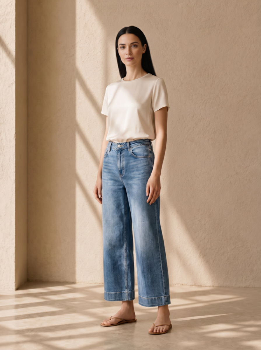 Παντελόνα τζιν σε φαρδιά γραμμή και cropped μήκος Mid blue denim - φωτογραφία 1