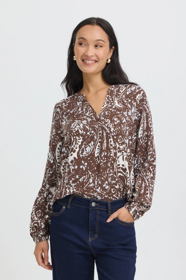 Μπλούζα με μακρύ μανίκι και V λαιμόκοψη Ethnic Stencil Raindrum Blue / Brown - φωτογραφία 1